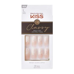 KISS Classy French Nail Manicure Kit with Gel Finish, Long, Coffin Shaped, “Scrunchie”, Gel Nail Kit Includes Pink Nail Glue (Net Wt. 2 g / 0.07oz.), Mini File, Manicure Stick, and 28 Fake Nails