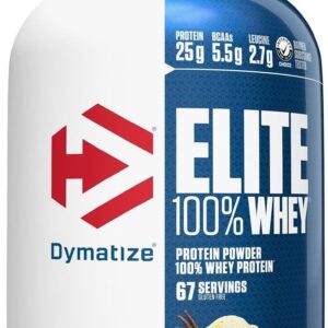 Dymatize Elite 100% Whey Protein Powder, Vanilla, 25g of Protein, 67 Servings, 5.5g BCAAs, Less Than 140 Cal., Gluten Free, 2g Carb, 2g Sugar, 3g Fat