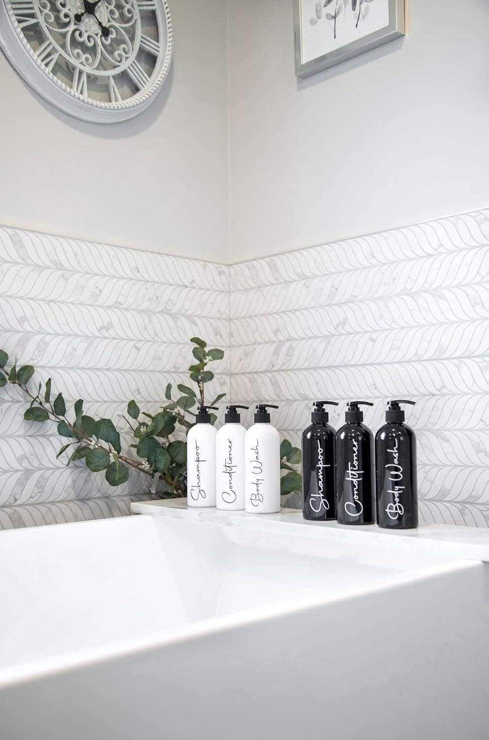Alora Reusable Shampoo and Conditioner Bottles - Set of 3 - Matte Black - Permanent Stylish Labels - 16oz Pump Bottle Dispenser for Shampoo, Conditioner, Body Wash - Plastic Refillable Containers… - Image 6