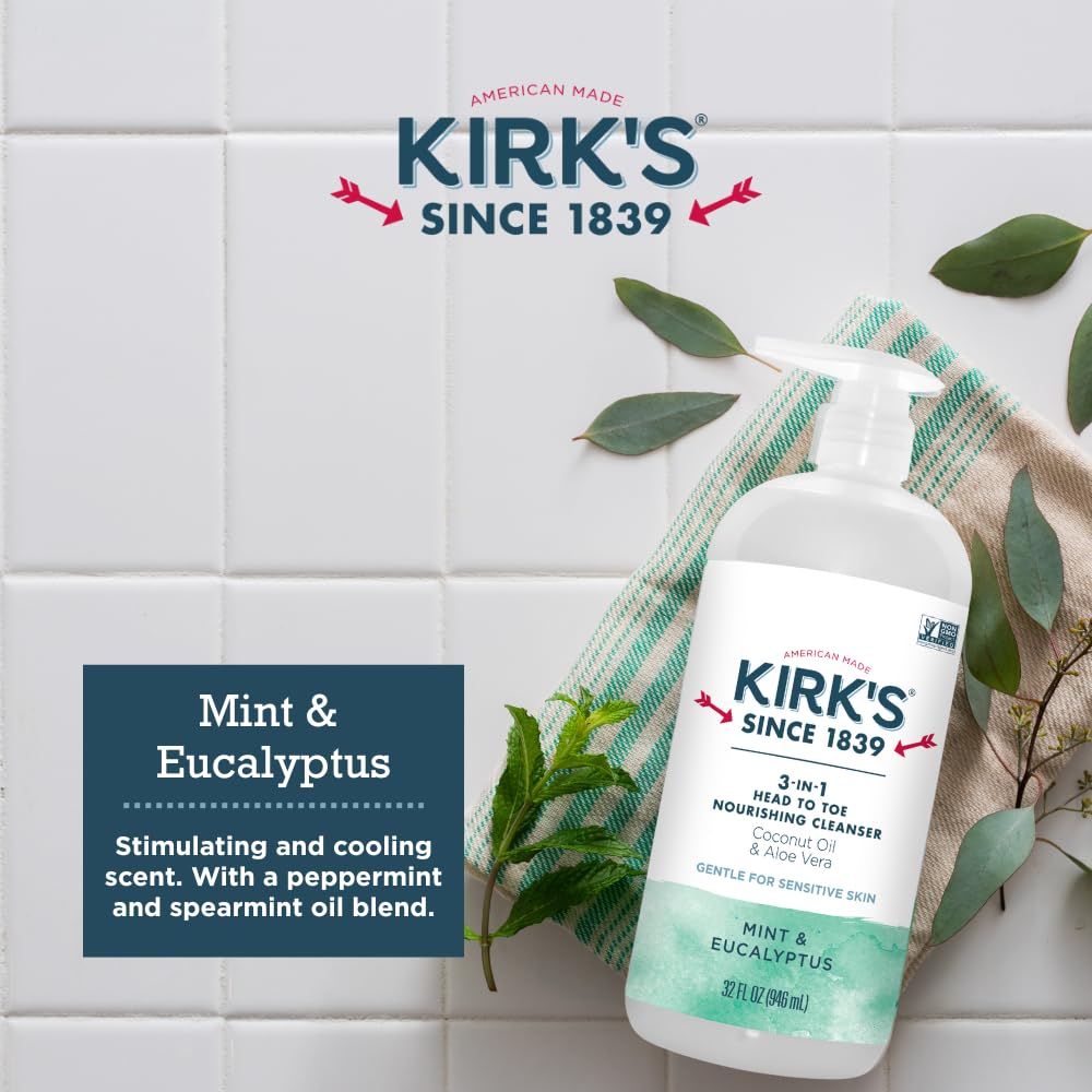 Kirk's 3-in-1 Head to Toe Nourishing Liquid Cleanser & Travel Size Bar Soap - for Men, Women & Children - Premium Coconut Oil & Aloe Vera- Non GMO & Vegan -Mint & Eucalyptus - 32 Fl Oz - Image 5