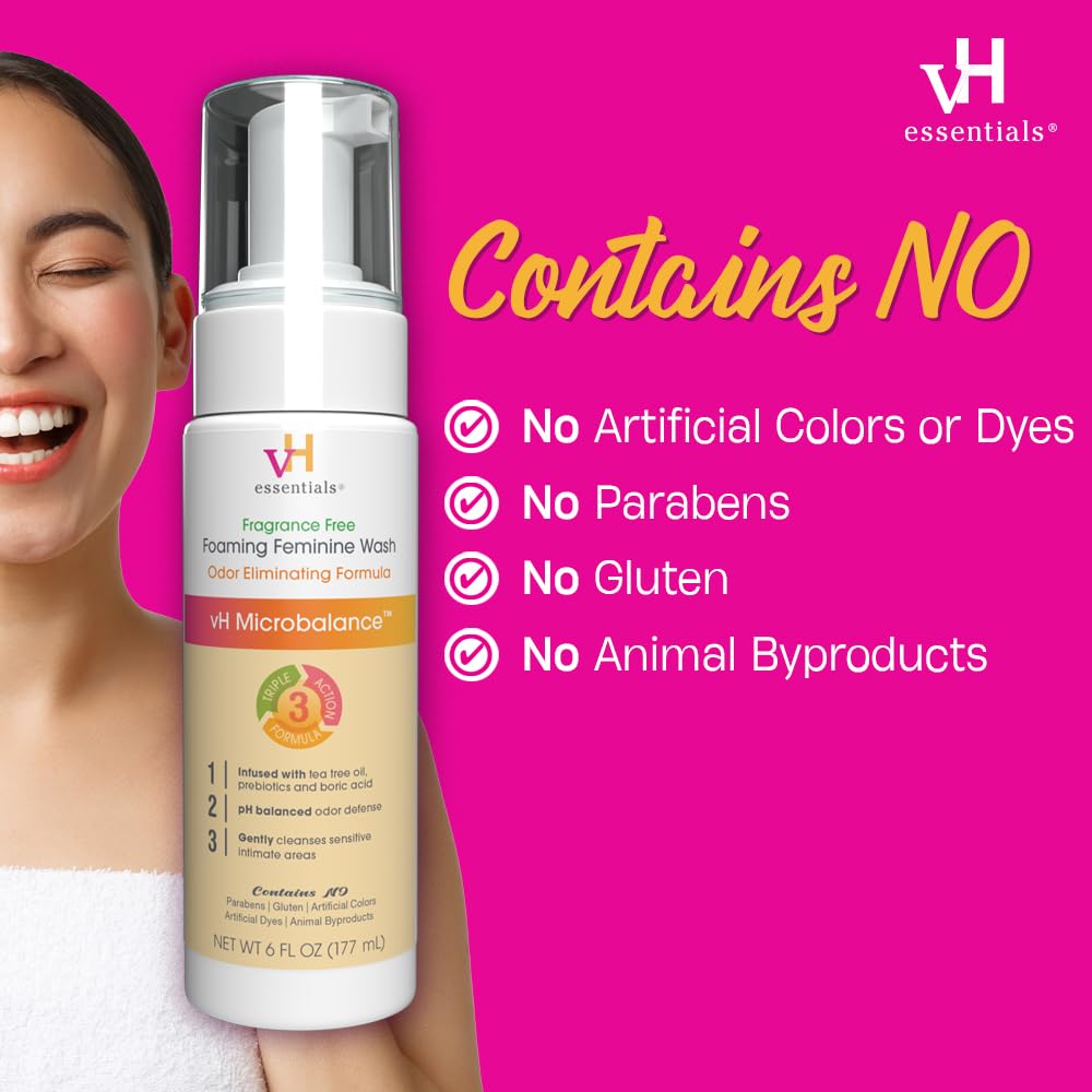 vH essentials Foaming Feminine Wash - Fragrance Free - Ph Balanced, Hypoallergenic, Prebiotics, Natural Botanical Extracts and Vitamins - Odor Eliminating Formula - 6 Fl Oz - Image 8