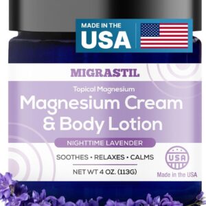 Nighttime Lavender Magnesium Cream & Non-Greasy Body Lotion. Extra Strength 250mg Magnesium Chloride for Muscle Relief, Leg Cramps, Relaxation and Sweet Sleep. Vegan, Made in The USA.