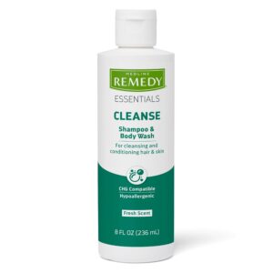 Medline Remedy Essentials Shampoo and Body Wash (8 fl oz), Fresh Scent, Full Body Cleanser with Aloe, For Adults & Elderly, Easy Rinse Gel for Bath, Shower or Bedside Bathing