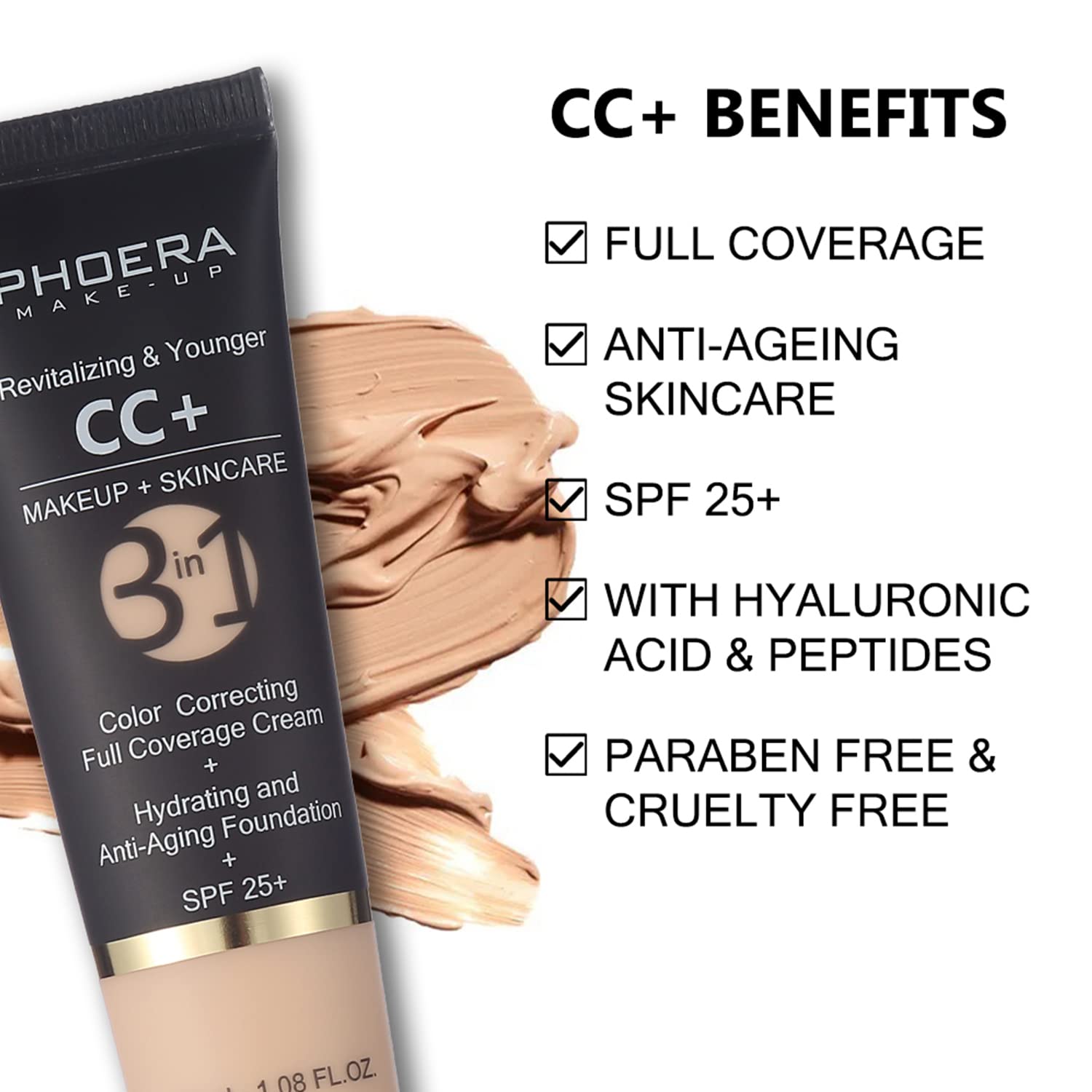 PHOERA 2-Piece 100 Porcelain CC Cream Foundation SPF 25 Full Coverage 1.08 fl oz - Image 4