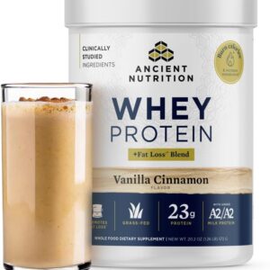 Ancient Nutrition Grass Fed Whey Protein + Fat Loss Blend, Vanilla Cinnamon, 23g Protein, Promotes Fat Loss and Boost Metabolism, Organic Regenerative A2/A2 Milk Protein,18 Servings