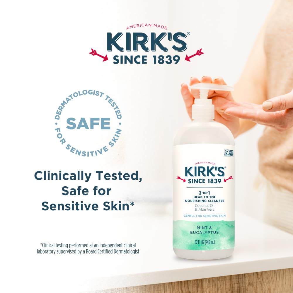 Kirk's 3-in-1 Head to Toe Nourishing Liquid Cleanser & Travel Size Bar Soap - for Men, Women & Children - Premium Coconut Oil & Aloe Vera- Non GMO & Vegan -Mint & Eucalyptus - 32 Fl Oz - Image 6