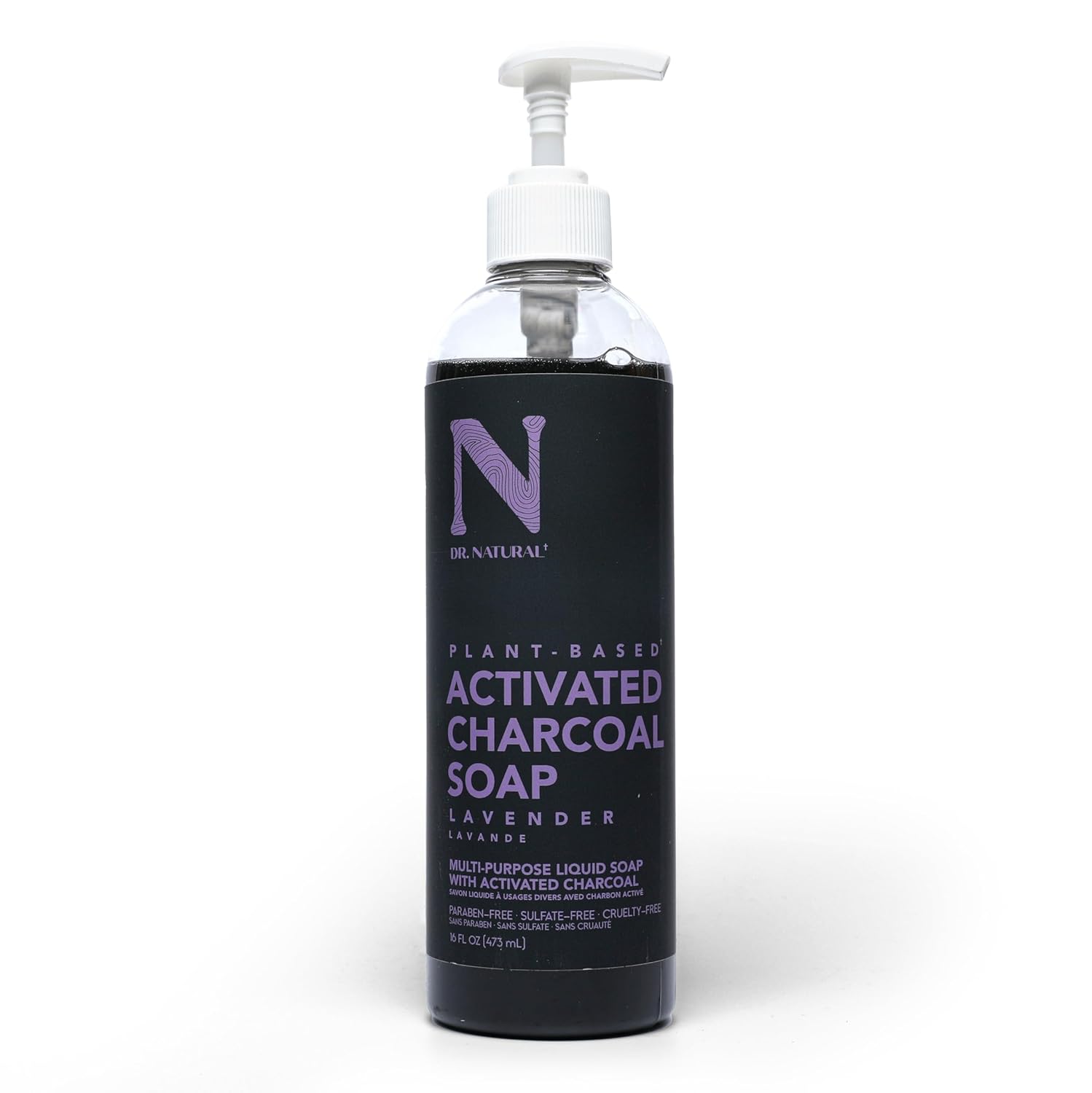 Dr. Natural Jabón líquido con carbón activado - Antiacné - Gel de baño limpiador - Jabón suave para piel clara - Lavanda - 473 ml