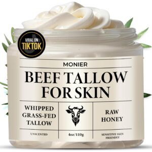 MONIER Whipped Beef Tallow for Skin, Tallow and Honey Balm for Face, Moisturizer with 100% Organic Grass-Fed Beef Tallow & Raw Wild Honey - Natural Formula for Dry & Sensitive Skin (Unscented)