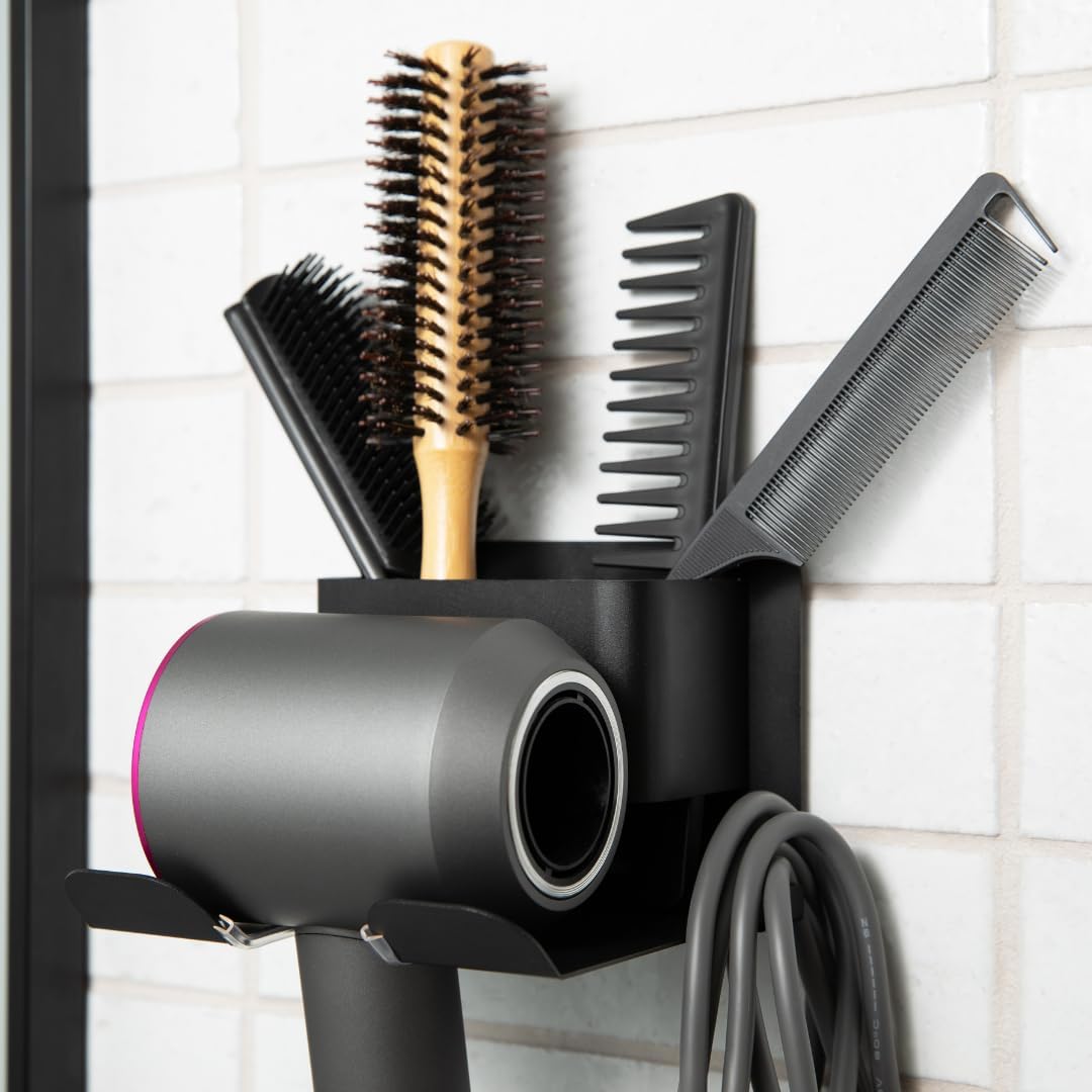 Premium Hair Dryer Holder Wall Mount – Blow Dryer Holder, Sturdy Alloy Steel Hair Tool Organizer, Water Resistant, Dual Easy Installation with 3M Glue Pad or Screw, Ideal for Bathroom - Black