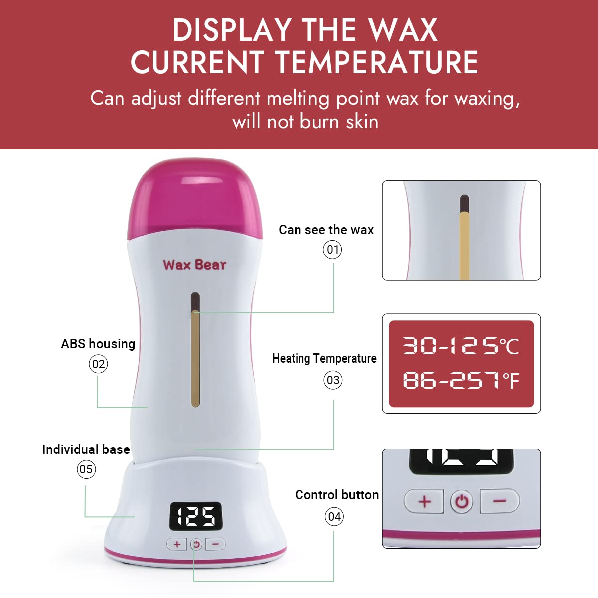 Roll On Wax Kit for Hair Removal,Digital Wax Roller Waxing Kit for Women with Wax Cartridge Refills, Wax Heater with Detachable Magnetic Base (Bright White) - Image 3