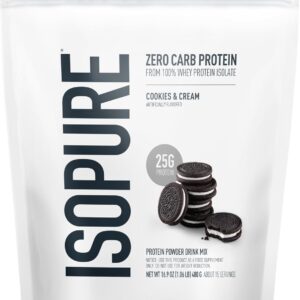 Isopure Zero Carb 100% Pure Whey Isolate Protein Powder, Lactose Free, Gluten Free, With Vitamins, Cookies & Cream, 25g Protein Per Serving, 1 Lb, 15 Servings (Packaging May Vary)