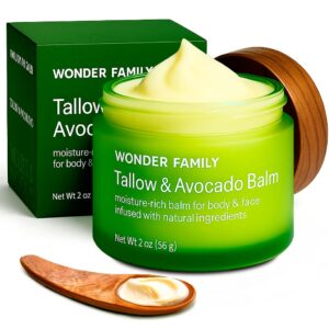 Grass Fed Beef Tallow for Skin and Face with Avocado Oil - Dry Skin Moisturizer for Men & Women - Beef Tallow Balm for Face, 1 Wooden Spatula & Bag