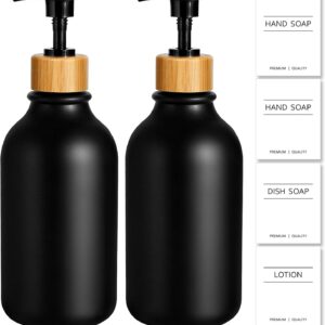 Hand Soap Dispenser Bathroom, Black Dish Soap Dispenser for Kitchen, 17 Fl Oz Plastic Hand and Dish Soap Dispenser Set with Bamboo Pump, 2 Pack Refillable Liquid Lotion Dispensers Bottle