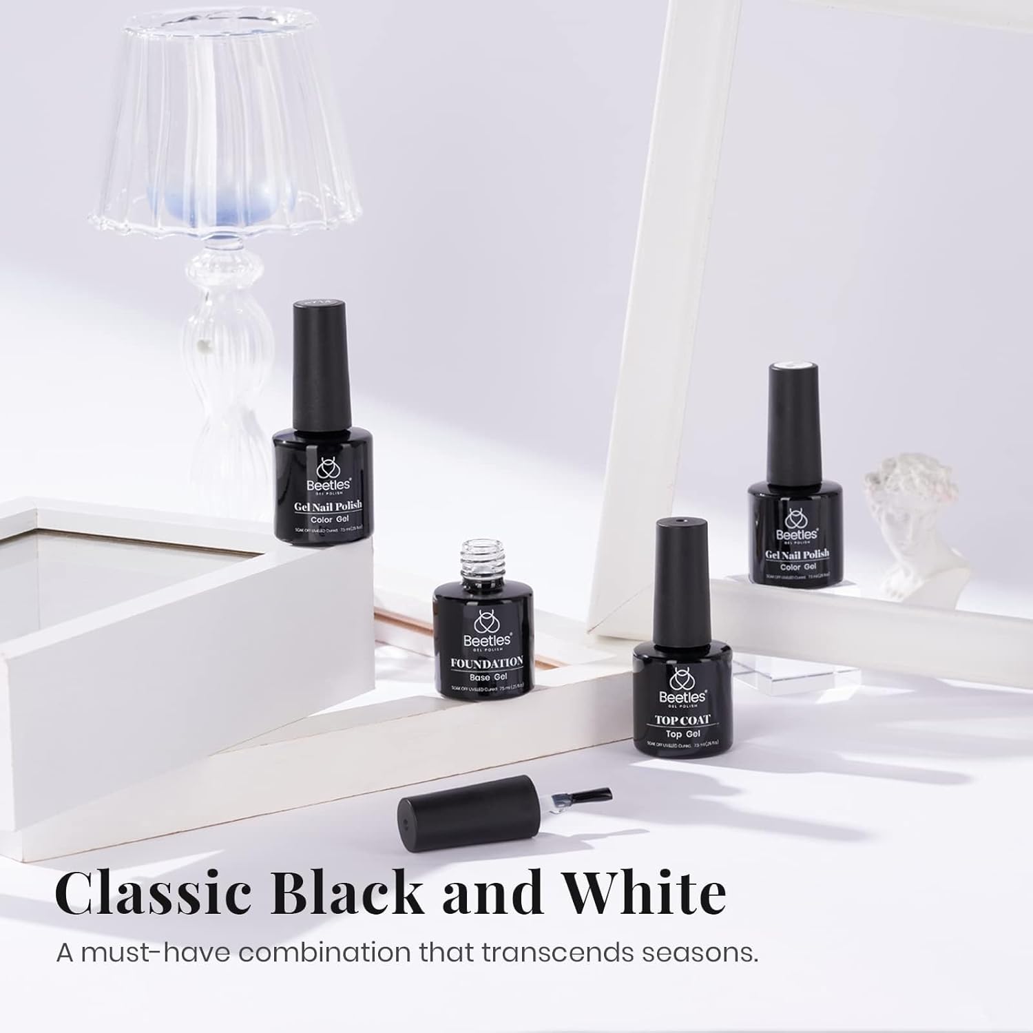 Beetles 4 Pcs White Black Gel Nail Polish Set with Top and Base Coat - Image 2