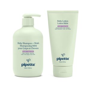 Pipette Vanilla + Ylang Ylang Baby Shampoo + Wash and Baby Lotion Duo, Clean, Tear-Free Bath Time, Sulfate-Free, Paraben-Free, Silicone-Free, Sensitive Skin, Hypoallergenic, Non-Toxic