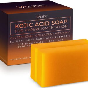 VALITIC Kojic Acid Soap for Hyperpigmentation - with Glutathione, Collagen & Vitamin C - Natural Soap Bars with Turmeric - Original Japanese Complex for Dark Spot Correction - 2 Pack