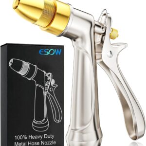 ESOW Garden Hose Nozzle, 100% Heavy Duty Metal Spray Gun with Full Brass Nozzle, 4 Watering Patterns Watering Nozzle- High Pressure Rear Trigger Design for Watering Plants, Car Wash and Showering Dog