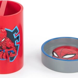 Marvel Spiderman 2 Piece Bathroom Set - Red & Blue Soap Dish & Toothbrush Holder Set - Kids Resin Bathroom Accessories