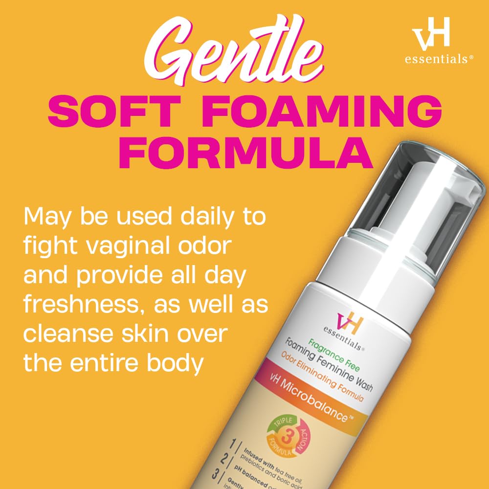vH essentials Foaming Feminine Wash - Fragrance Free - Ph Balanced, Hypoallergenic, Prebiotics, Natural Botanical Extracts and Vitamins - Odor Eliminating Formula - 6 Fl Oz - Image 3