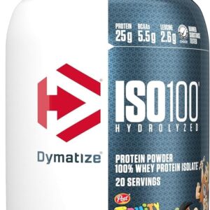Dymatize x Fruity Pebbles ISO100 Whey Protein Powder Isolate, 25g of Protein, 20 Servings, 5.5g BCAAs, 120 Cal., Gluten Free, 1g Fat, 1g Sugar, 2g Carb