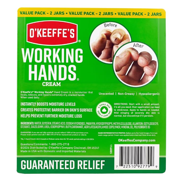 O'Keeffe's Working Hands Hand Cream Intense Moisturizing Relief for Extremely Dry, Cracked Hands Unscented, Non-Greasy, Hypoallergenic_Protective Barrier, 2 Pack (6.8 oz & 3.4 oz) - Image 2