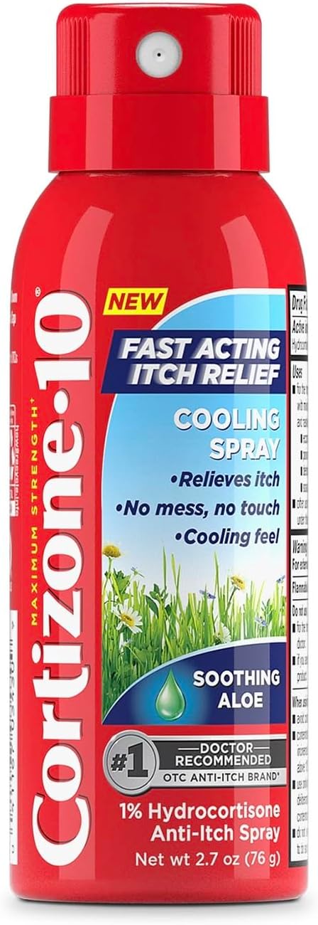 Cortizone 10 Maximum Strength Itch Relief Cooling Spray, Hydrocortisone 1% & Soothing Aloe, Fast-Acting, No-Mess Anti-Itch Spray for Bug Bites, Rash, Eczema, Psoriasis, Poison Ivy & More, 2.7 oz.