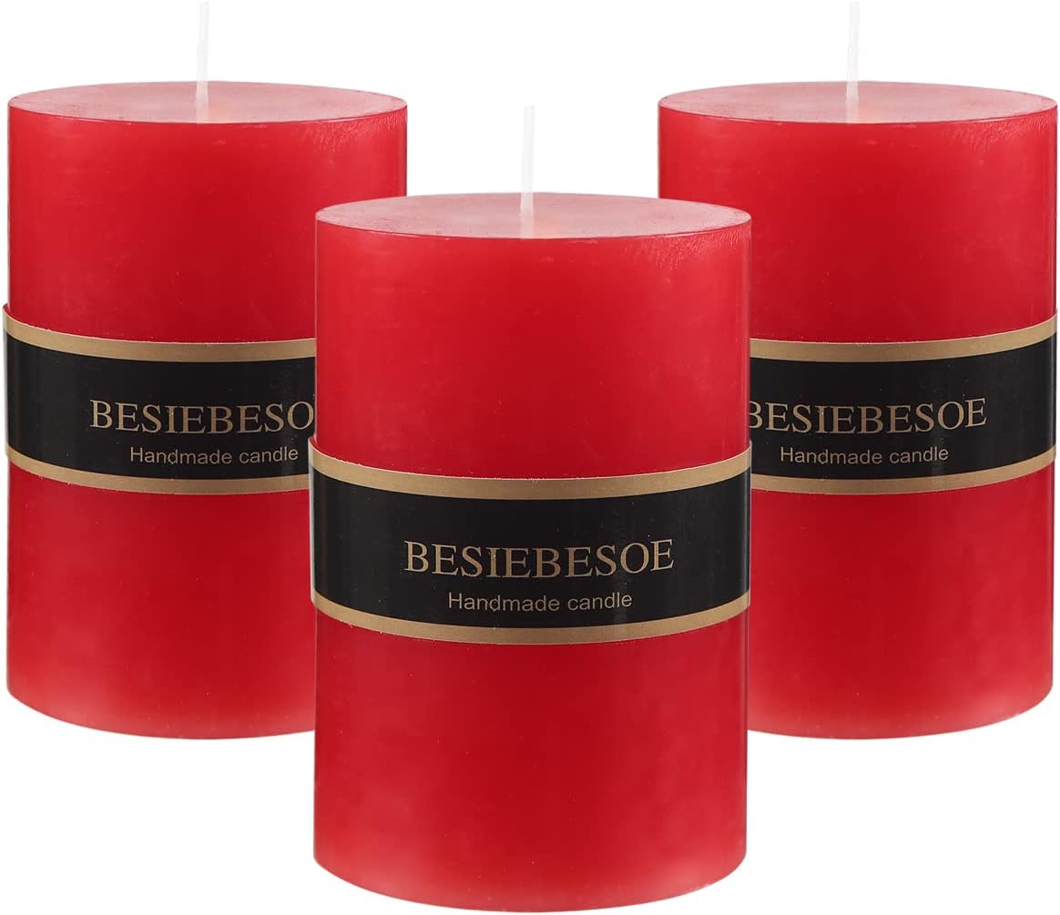 3 x 4 Red Pillar Candles Set of 3 Unscented Handpoured Weddings, Home Decoration, Restaurants, Spa, Church Smokeless Cotton Wick