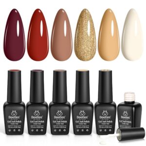 Beetles Summer Gel Nail Polish Set 6 Colors Burgundy Red Brown Gold Glitter Gel Polish Wine Red Soak Off Nail Lamp Uv LED DIY Home Nails Gift for Women Modern Retro