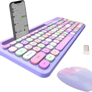 FOPETT 2.4GHz Wireless Keyboard and Mouse Set with Phone Holder - Compact Full-Size Keyboard - Compatible with Windows/Laptop/PC/Notebook - 888 Purple Colorful
