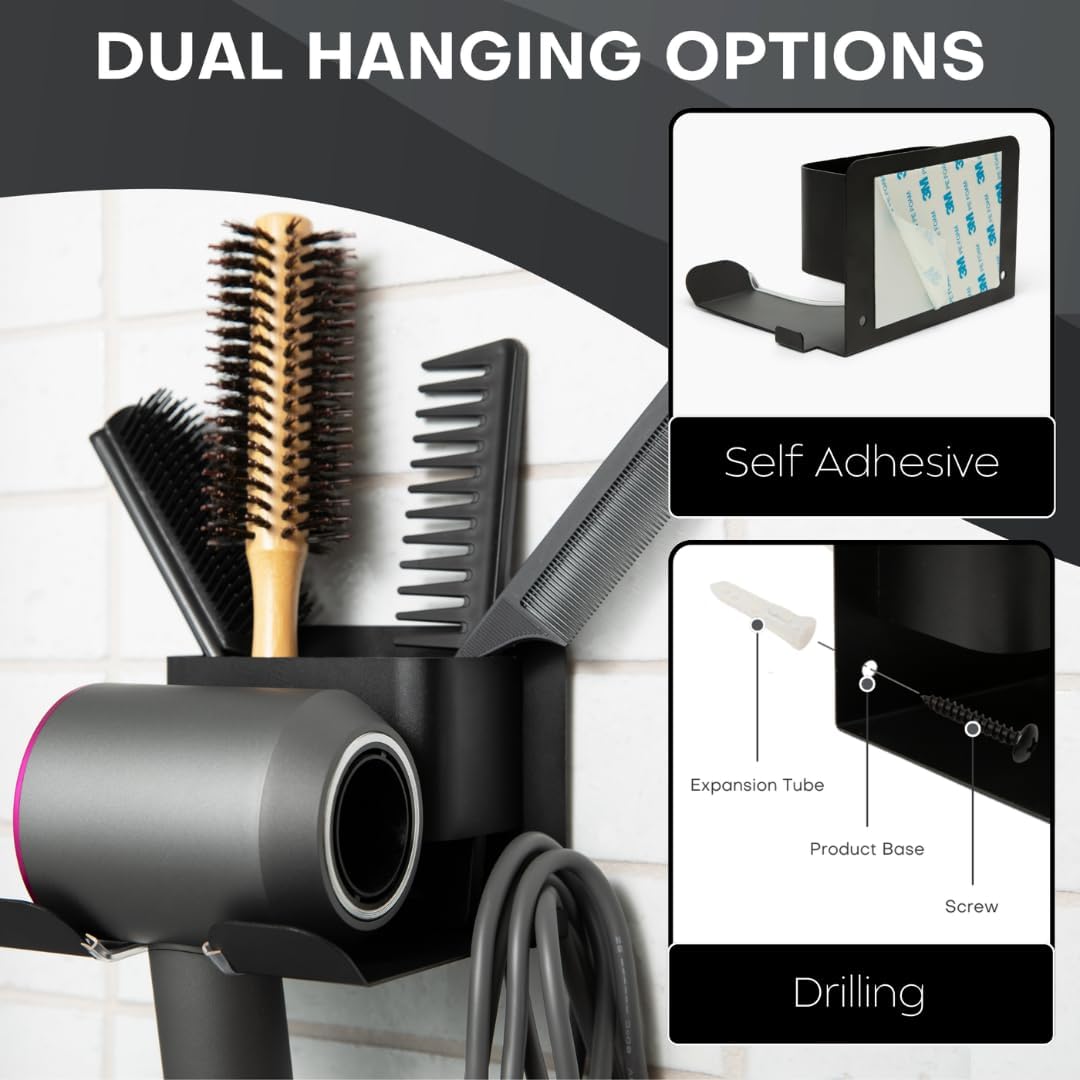 Premium Hair Dryer Holder Wall Mount – Blow Dryer Holder, Sturdy Alloy Steel Hair Tool Organizer, Water Resistant, Dual Easy Installation with 3M Glue Pad or Screw, Ideal for Bathroom - Black - Image 4