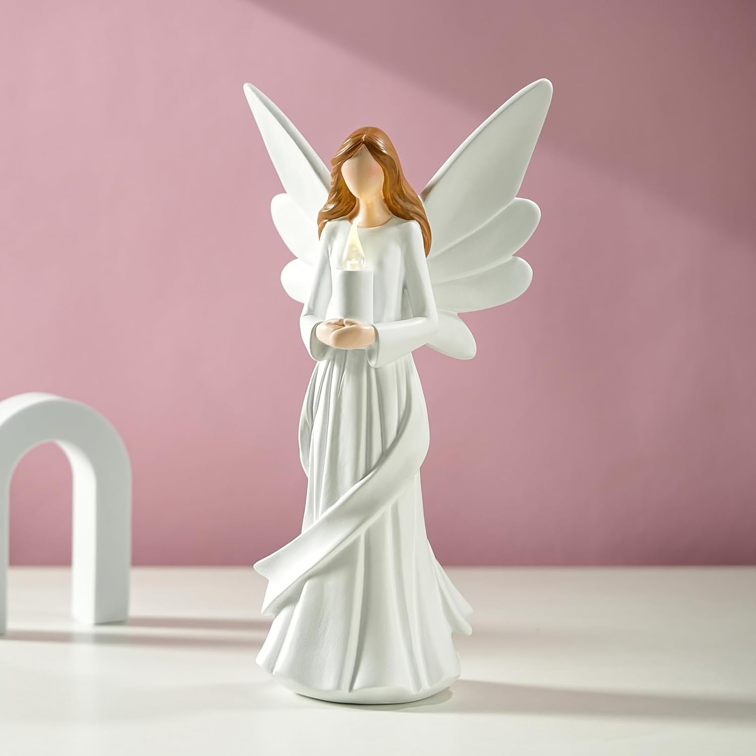 Starryfill 12.2inch Tall Angel Figurine Holds Candle with Timer, Battery Powered Handcrafted Resin Decorative Statue As Gift for Your Family Friends or Home Décor Spiritual Gifts Meditation Spaces - Image 5