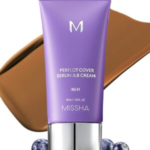 MISSHA M PERFECT COVER SERUM BB CREAM No.41 Medium Tan- Tan/Deep with Warm Undertone, Skin Tint, Tinted Moisturizer, Skin Care Foundation Makeup, Superfood Complex,Glass Skin, Korean Makeup,1.18 Fl oz