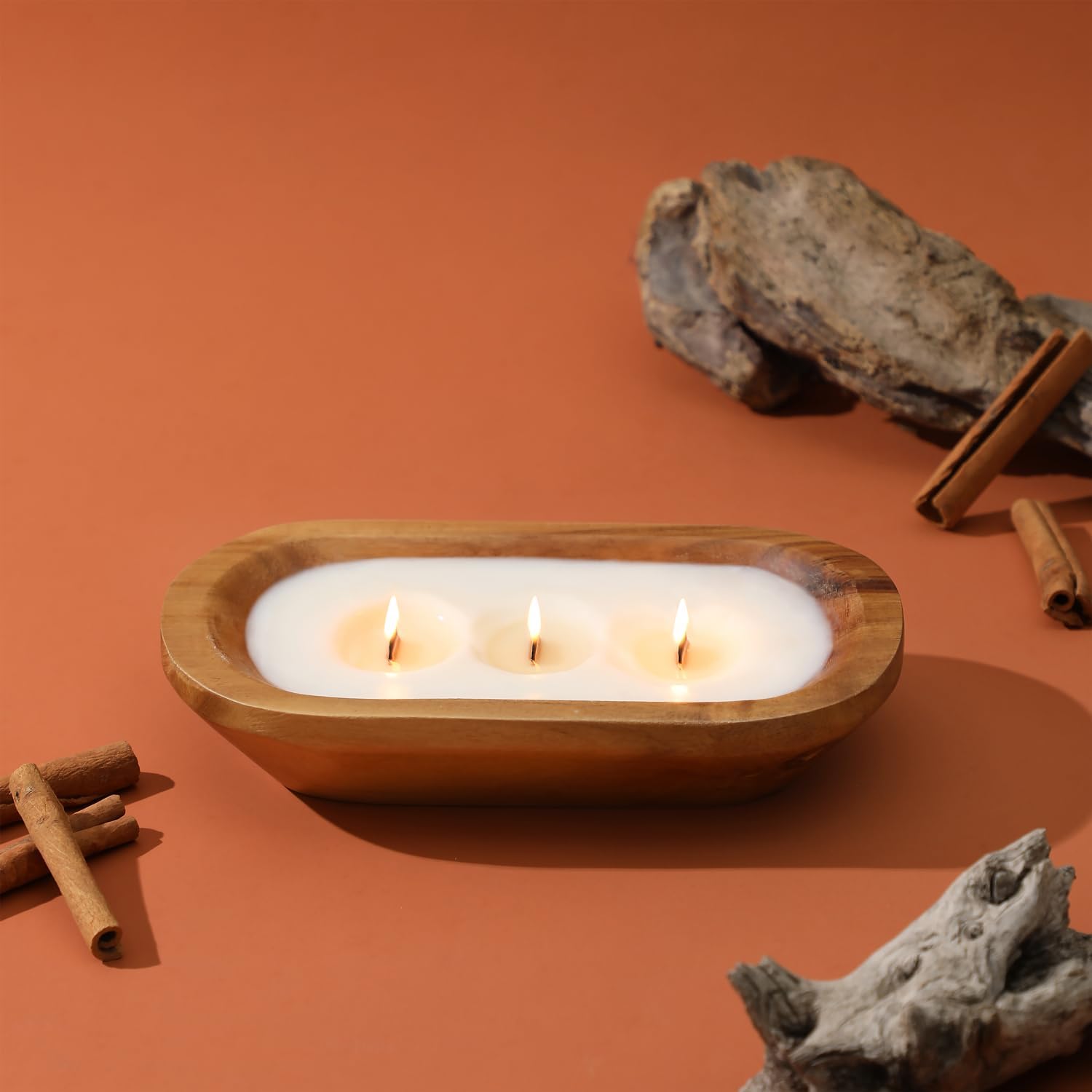Wooden Bowl Candle 10 Inch, Soy Large Farmhouse Candle for Table, Sandalwood Scented, 3 Wood Wicks, Christmas Candle Gifts for Men & Women - Image 2