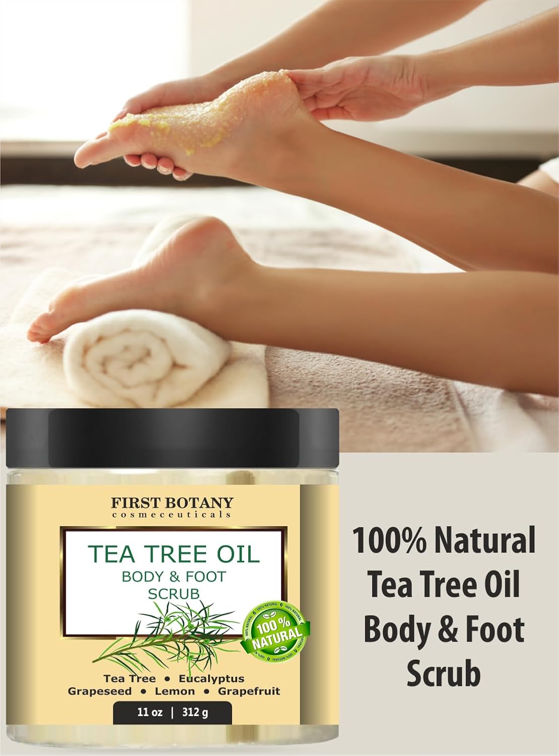 First Botany 100% Natural Tea Tree Oil Body & Foot Scrub with Salt - Best for Acne, Dandruff and Warts, Corns, Calluses, Athlete foot, Jock Itch & Body Odor - Image 2