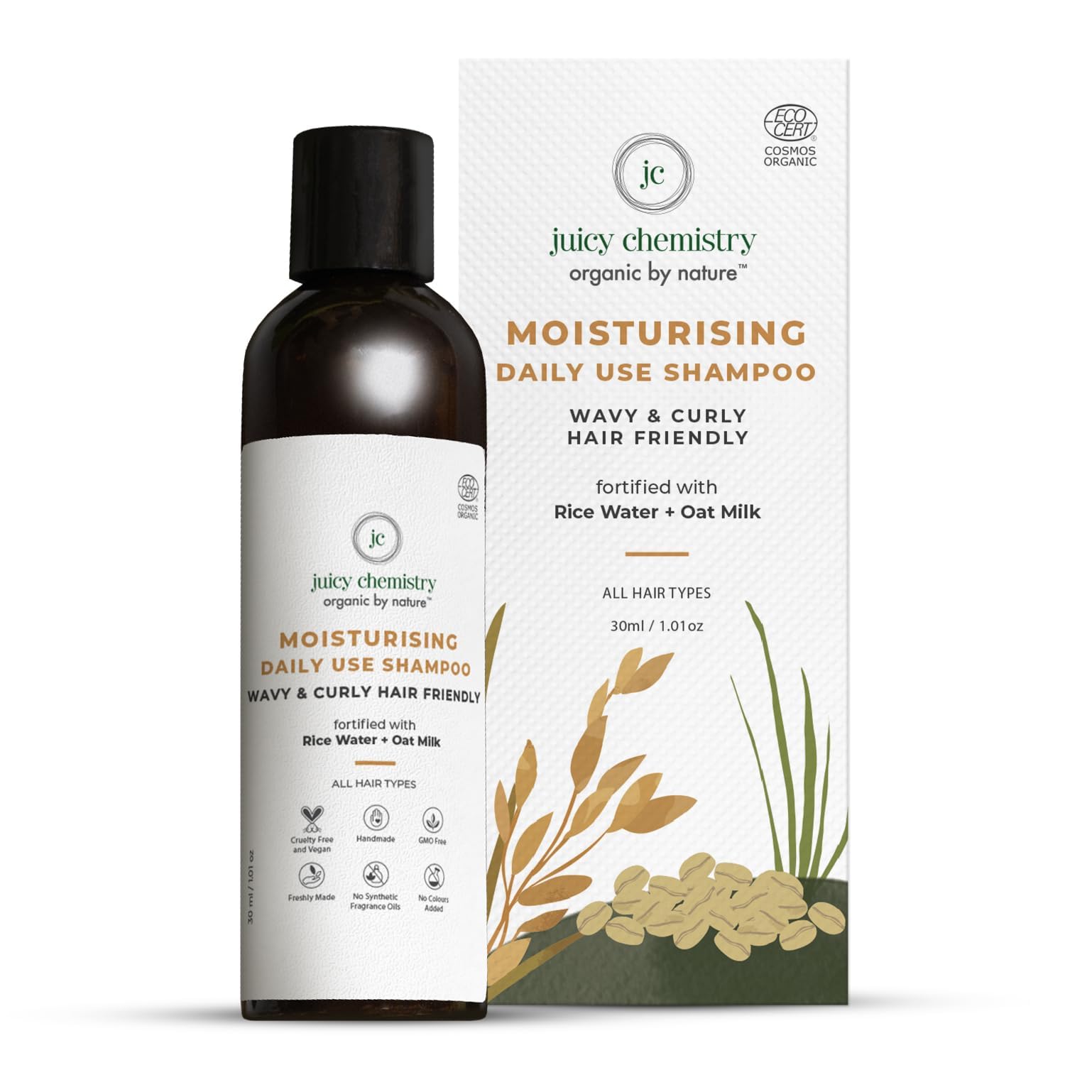 Juicy Chemistry Moisturising Daily Use Shampoo, 200 ml | Made with Rice Water & Oat Milk | For Dry, Frizzy & Unmanageable Hair | Certified Organic Shampoo for Men & Women | Cruelty Free & Vegan