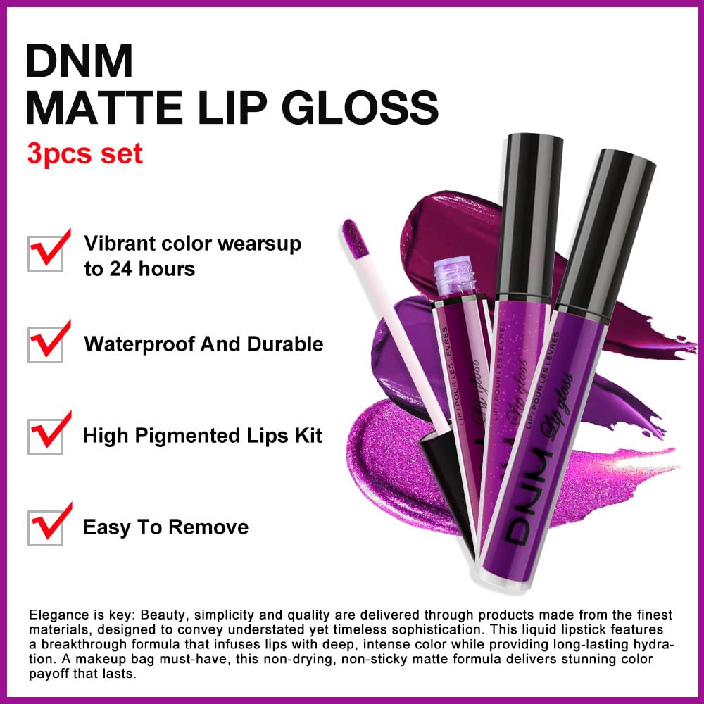 evpct 3Pcs Violet Purple Crystal Metallic Shimmer Glitter Matte Liquid Lipstick Lip Stain Sets for Women Matte+Lipstick Long Lasting Waterproof Permanent 24 Hours Magic Lipstick 24 Hours original - Image 4