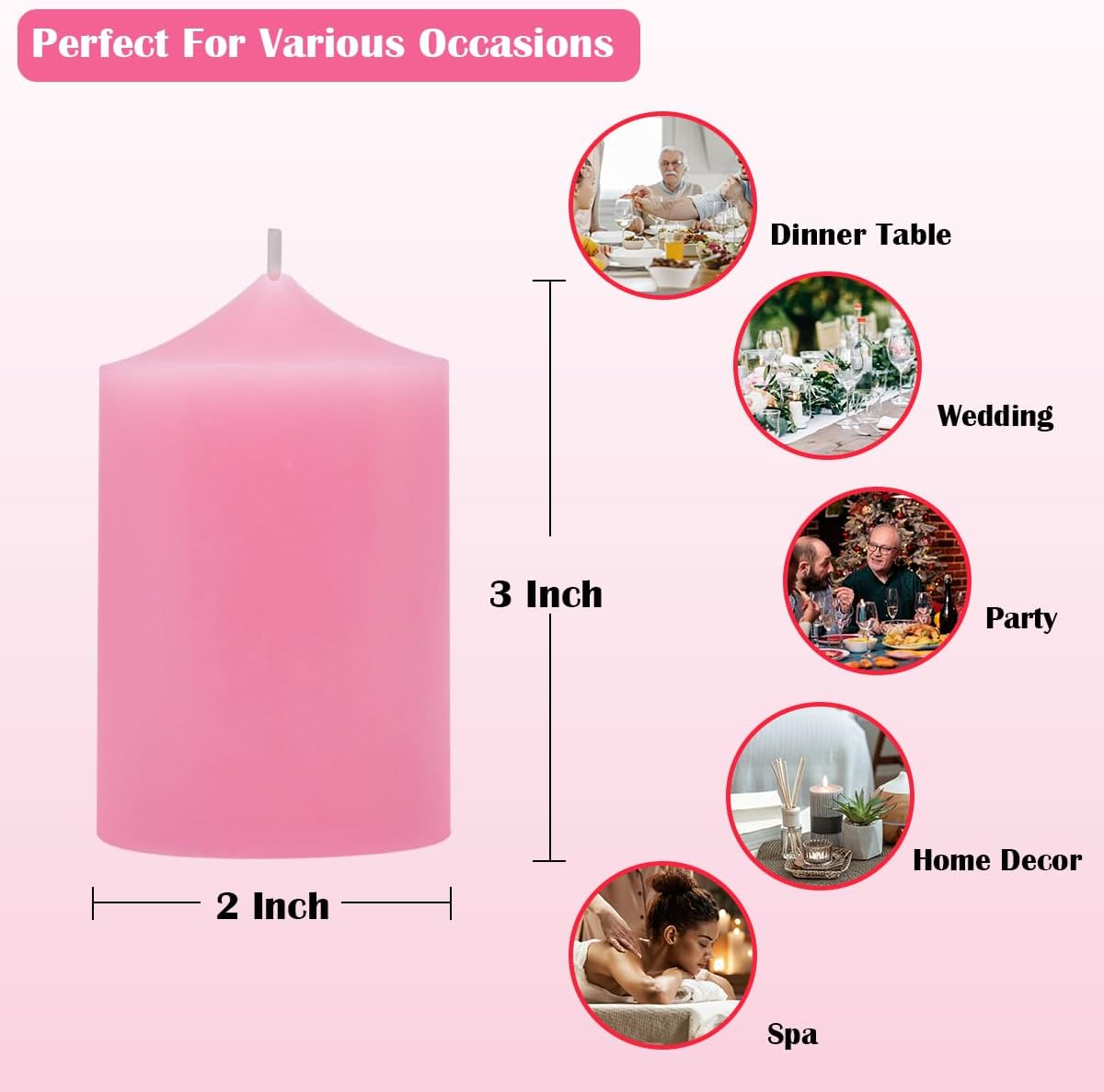 Small Unscented Pink Pillar Candles, 24 Hour 2x3 Inch Dripless Tapered Column Candles for Valentine's Day Home Party Holiday Dinner Table, Set of 8 - Image 6