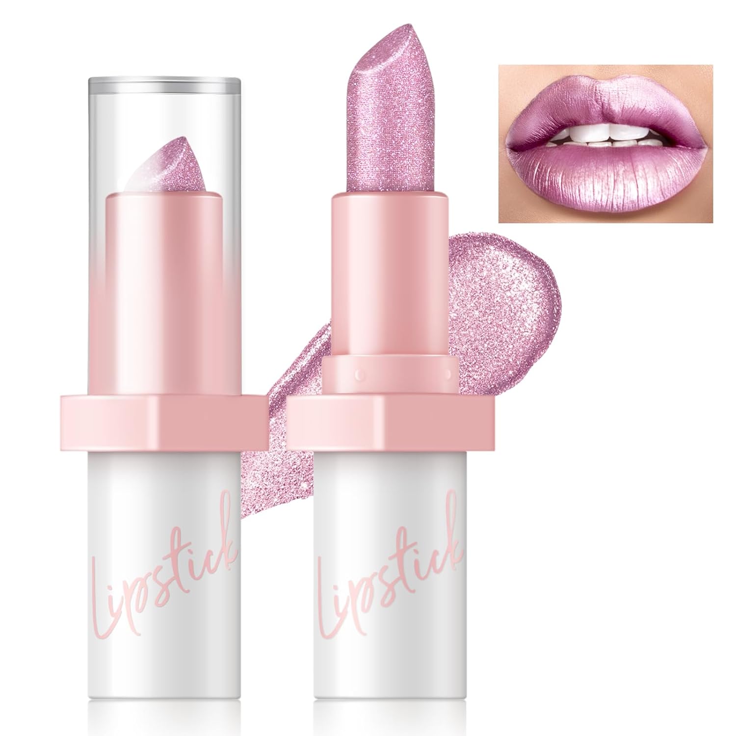 Metallic Pink Frost Glitter Lipstick for Women, Long Lasting High Shine Diamond Creamy Nude Light Pink Lipstick Transfer Proof,Shimmer High Impact Full Coverage Non Stick Cup Lip Makeup#1