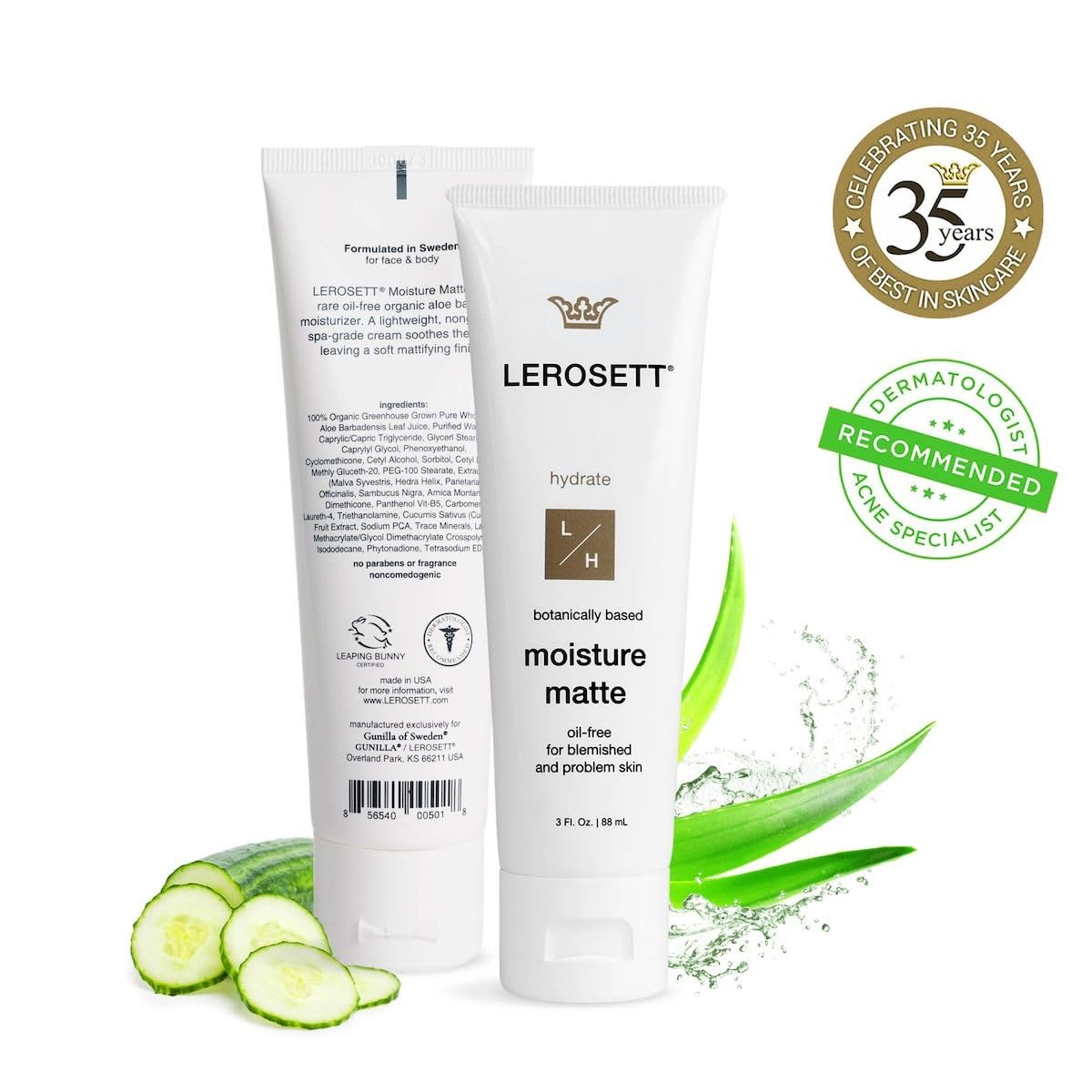 LEROSETT Oil-Free Moisturizer for Acne, Moisture Matte for Oily & Sensitive Skin, Vegan Moisturizer, Lightweight & Aloe-Based with Vit-B5 + 7 Soothing Herbals, Non-comedogenic, Fragrance Free - 3 oz - Image 6