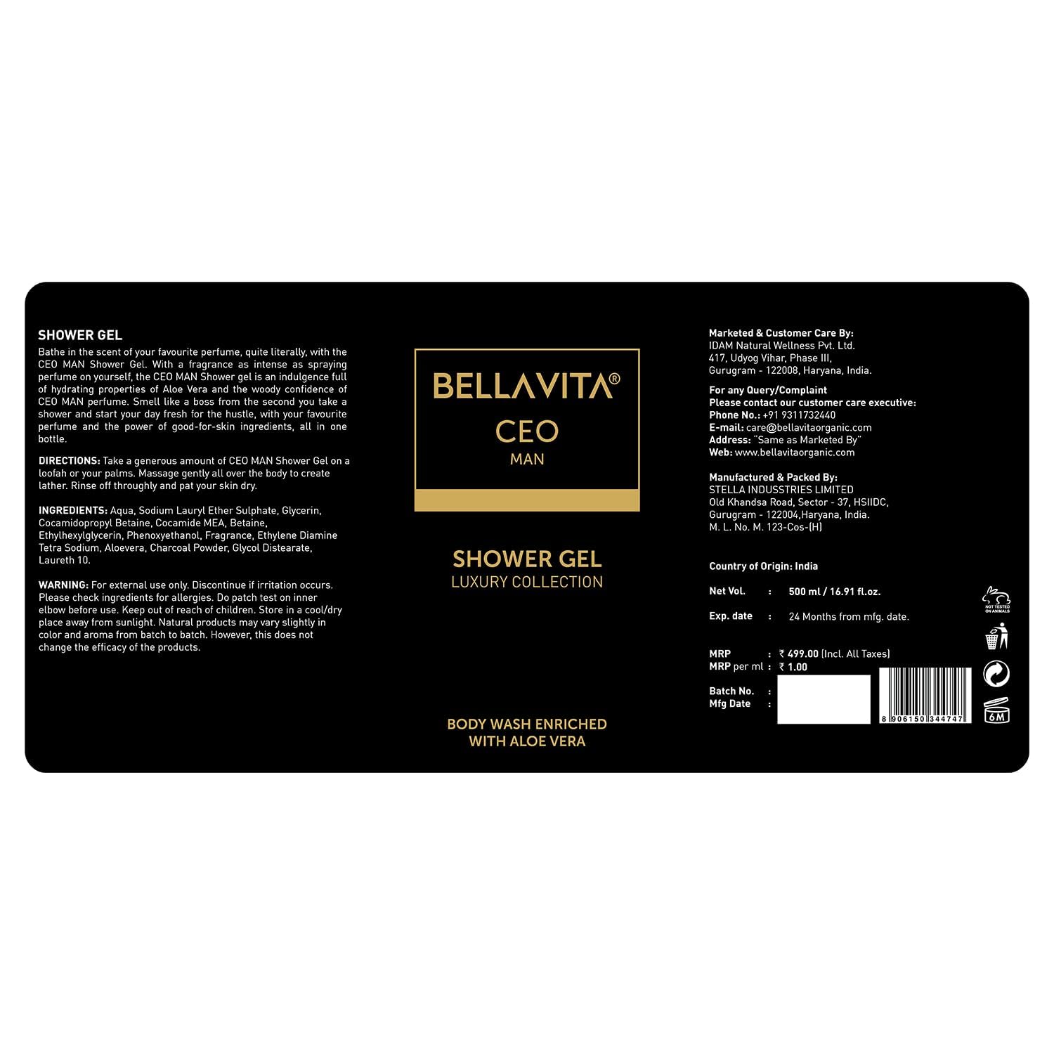 Bella Vita Luxury CEO MAN Body Wash Refreshing Shower Gel for Deep Cleansing, Hydrating & Moisturising Skin with Aloe Vera & Charcoal Powder 500 Ml - Image 7