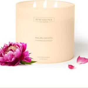 Benevolence LA Scented Candle | Champagne & Peony Candles for Home Scented | 15oz Large Candle Long Lasting 50-Hour Burn | Malibu Sands Collection