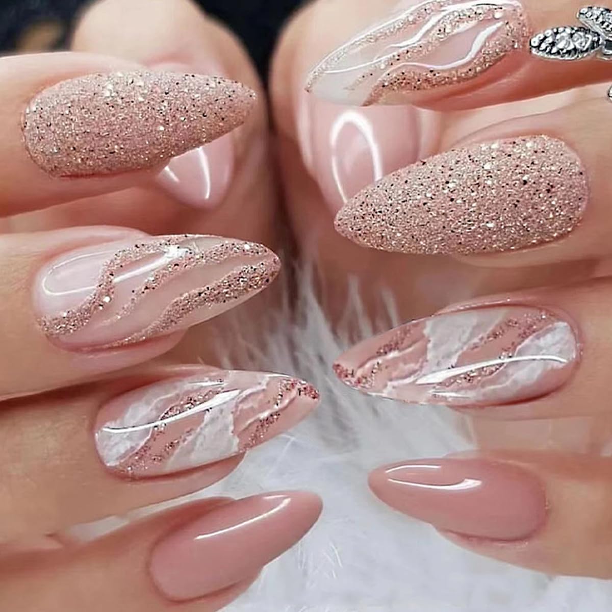 Almond Press on Nails Medium Pink White Marble Glitter Curve Fake Nails Women Fantasy Glue on Nails Acrylic Gel Stick on Nails Classy False Nails Wedding Birthday