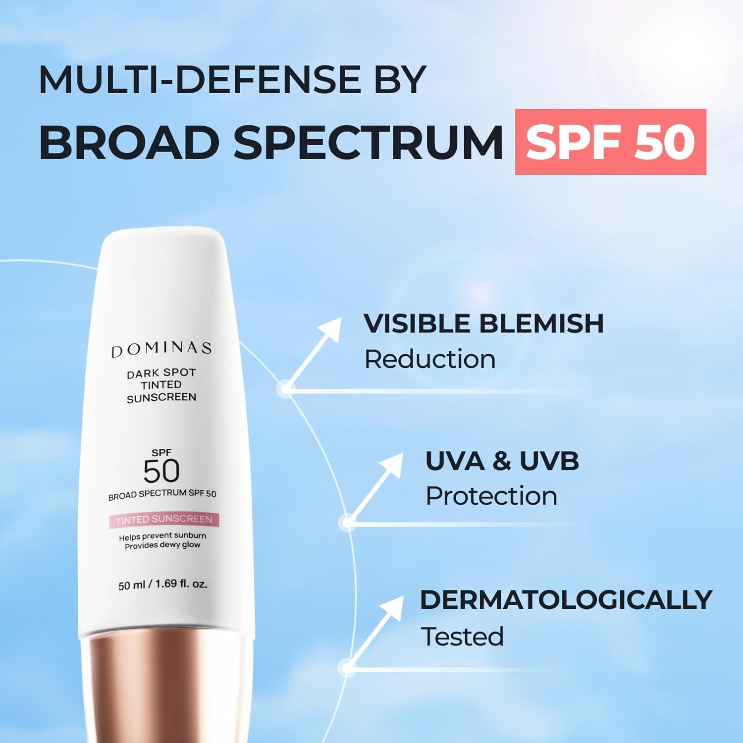 SPF 50 DOMINAS Tinted Sunscreen Moisturizer (1.7fl oz) - Tone Correction, Korean Skin Care, Broad-Spectrum UV Defense Sunblock, Water-in-Oil Formula for Lightweight, Panthenol, Sun Cream - Image 4