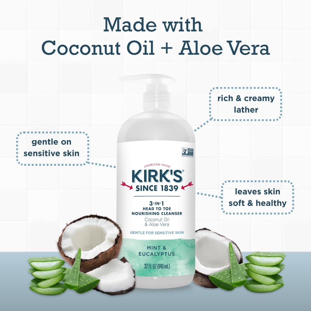 Kirk's 3-in-1 Head to Toe Nourishing Liquid Cleanser & Travel Size Bar Soap - for Men, Women & Children - Premium Coconut Oil & Aloe Vera- Non GMO & Vegan -Mint & Eucalyptus - 32 Fl Oz - Image 4