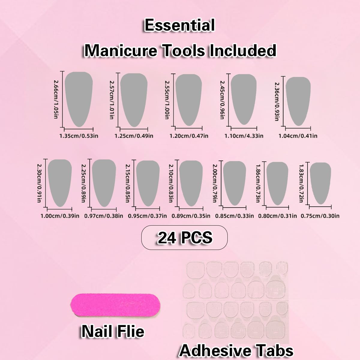 Medium Almond Press-On Nails Pink White Marble Glitter - Set of 24 - Image 4