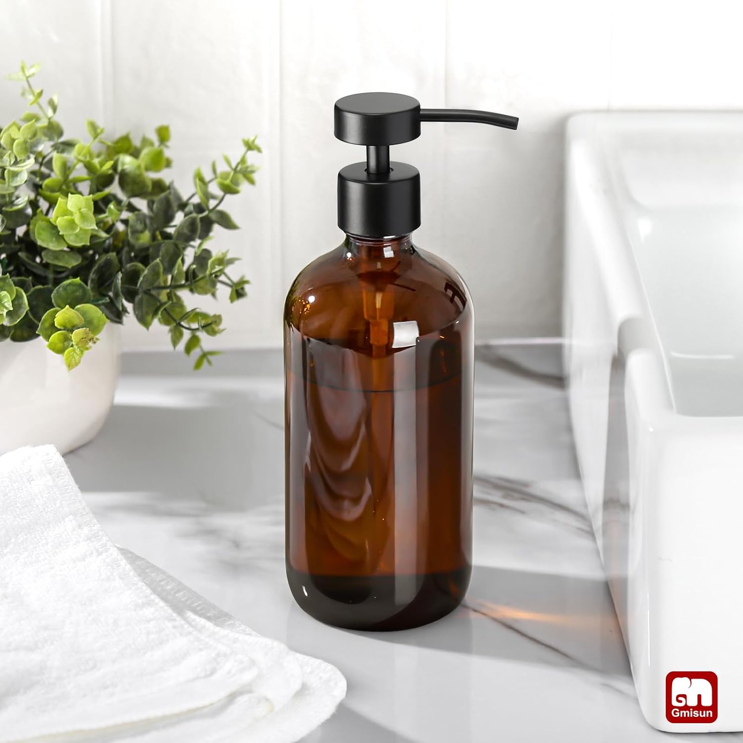 GMISUN 17 Fl Oz Amber Glass Soap Dispenser with Stainless Steel Pump for Kitchen - Image 4