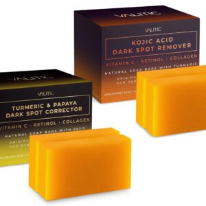 VALITIC Papaya and Turmeric Kojic Acid Soap Bar - Dark Spot Corrector Skin Care Cleansing Bar - Infused with Vitamin C, Hyaluronic Acid, Collagen - Papaya 2 Pack, Kojic 2 Pack