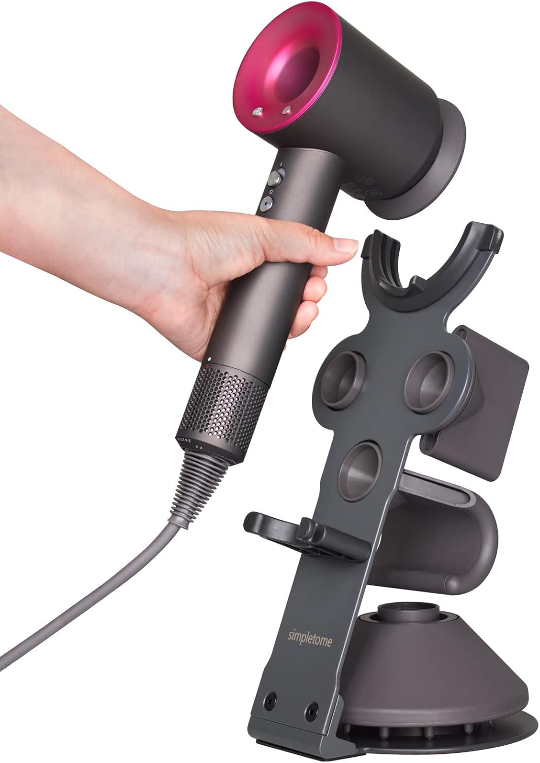 simpletome UPGRADED Hair Dryer Holder for Dyson Supersonic Hairdryer with Cable Organizer, Heavy Alloy Steel Stand, Piano Painting Surface (Advanced Grey 3 Holes)