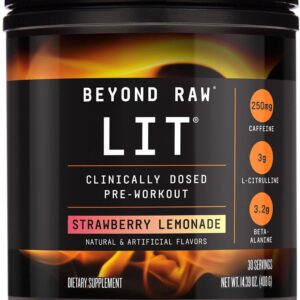 BEYOND RAW LIT Pre Workout Powder Supplement for Men and Women, Energy, Focus, Endurance, Pumps, Nitric Oxide Boost, 250mg Caffeine, Creatine, Beta Alanine, Strawberry Lemonade, 30 Servings