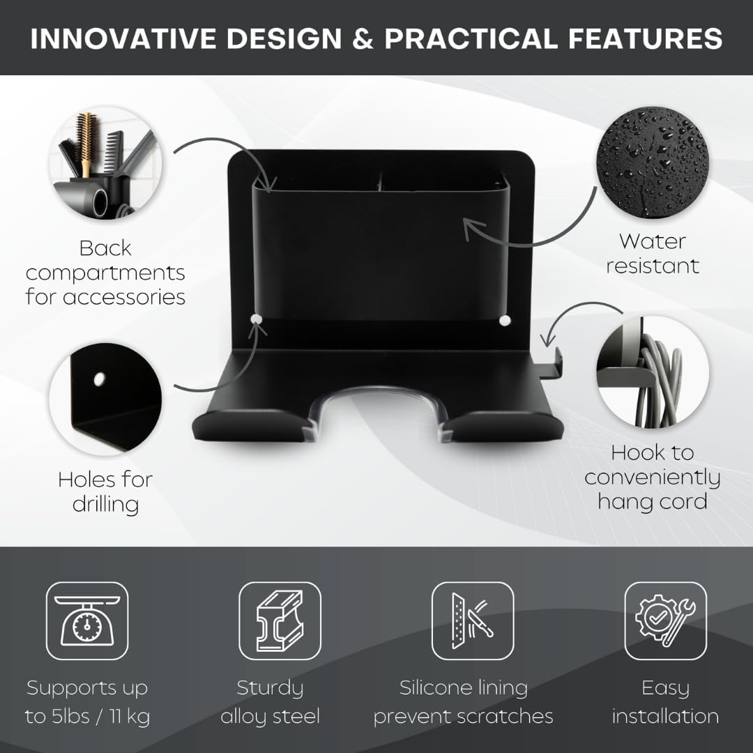 Premium Hair Dryer Holder Wall Mount – Blow Dryer Holder, Sturdy Alloy Steel Hair Tool Organizer, Water Resistant, Dual Easy Installation with 3M Glue Pad or Screw, Ideal for Bathroom - Black - Image 2